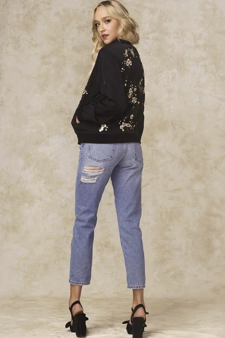 Long Sleeve Embroidered Zip Up Black Bomber Jacket