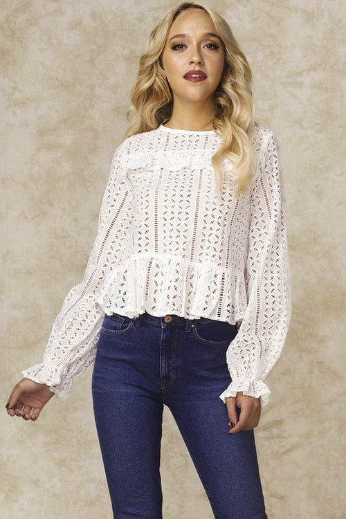 Long Sleeve Crochet Lace Ruffled Peplum White Top