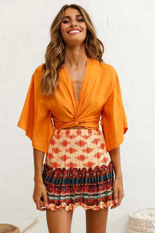 Deep V Twist Front Kimono Sleeve Orange Top