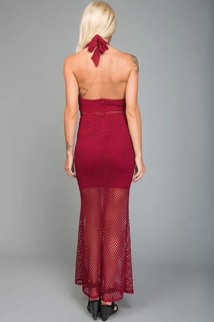 Halter Mesh Sheer Cutout Fitted Burgundy Maxi Dress