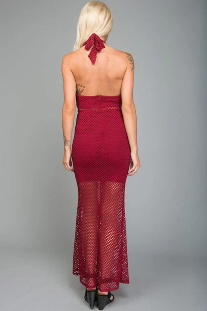 Halter Mesh Sheer Cutout Fitted Burgundy Maxi Dress