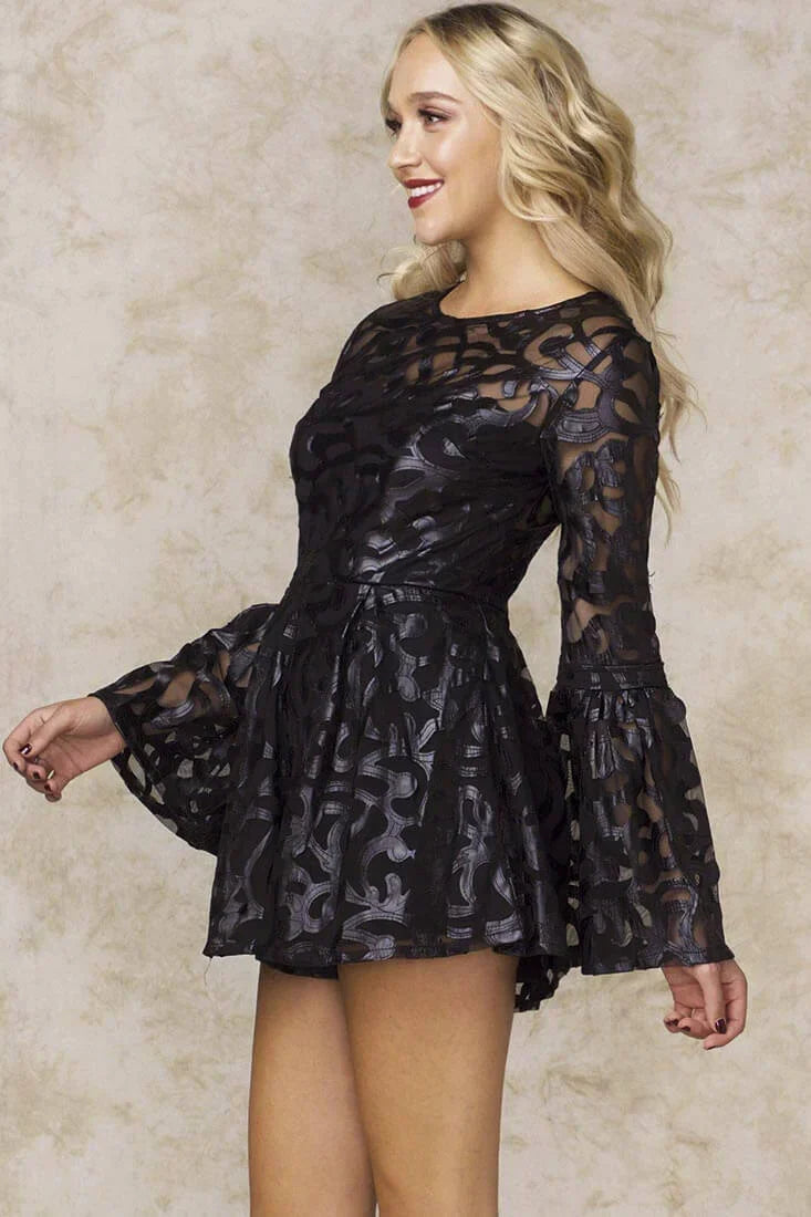 Long Sleeve Sheer Mesh Open Back Black Romper