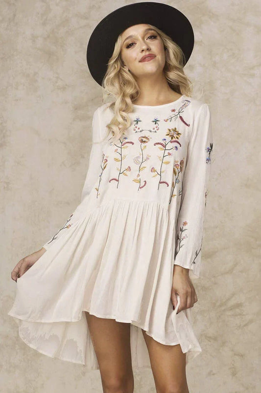 Long Sleeve Embroidered Floral High Low Beige Boho Dress