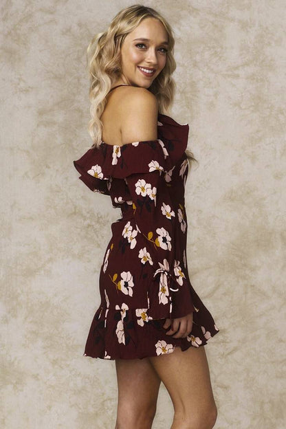 Cold Shoulder Floral Ruffle Wine Mini Dress