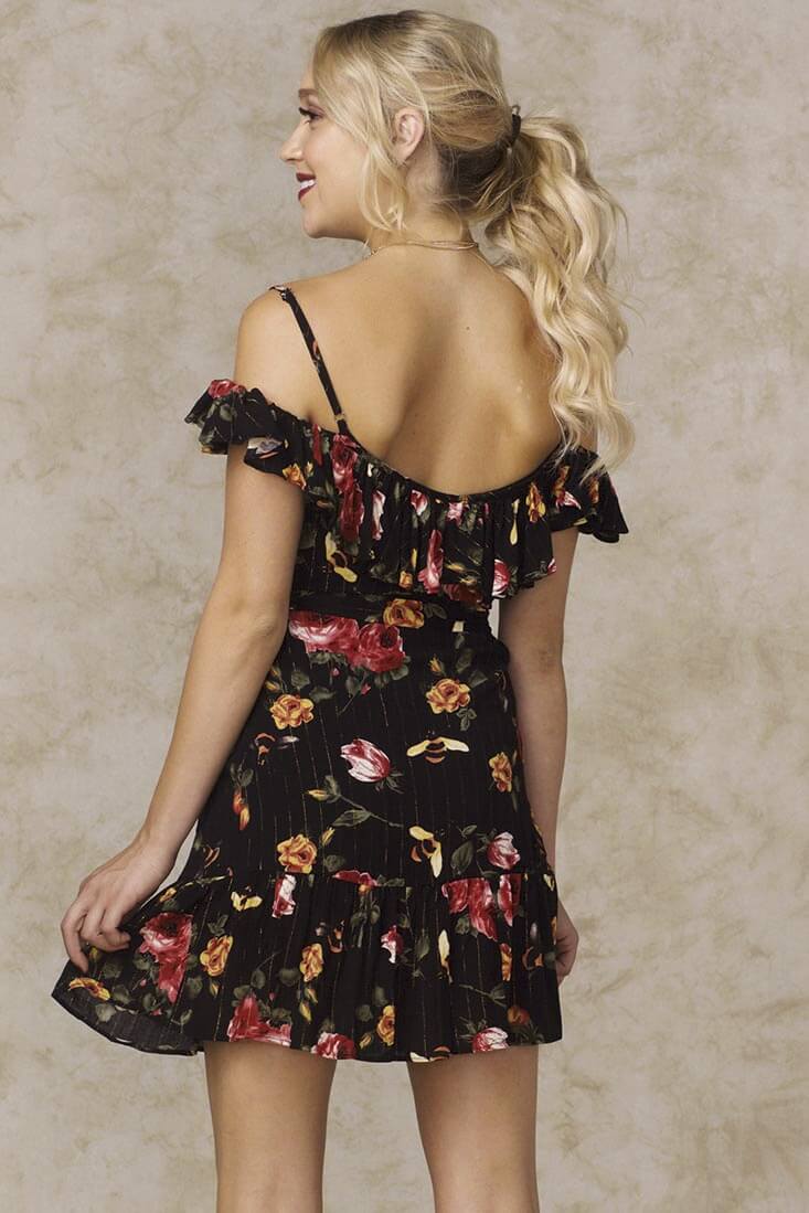 Cold Shoulder Deep V Floral Ruffle Black Mini Dress