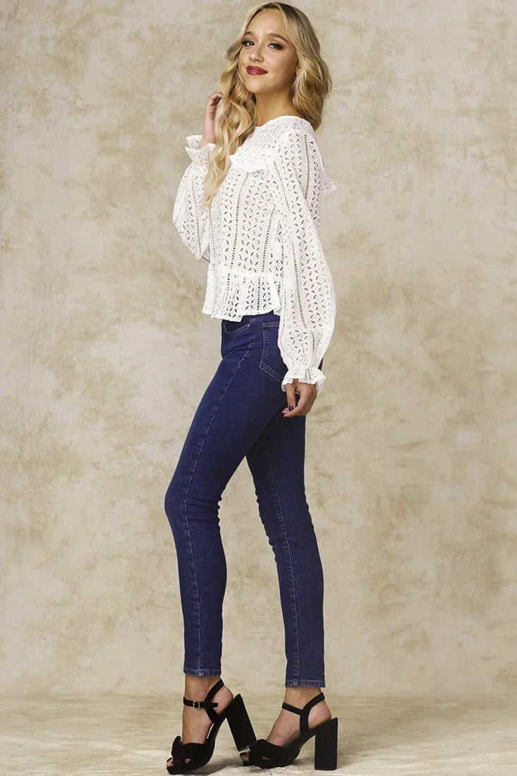 Long Sleeve Crochet Lace Ruffled Peplum White Top