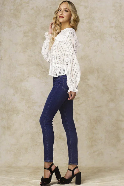 Long Sleeve Crochet Lace Ruffled Peplum White Top