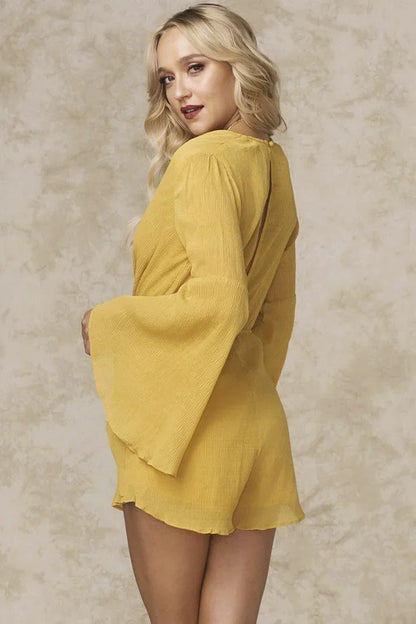 Deep V Bell Sleeve Twist Front Mustard Romper