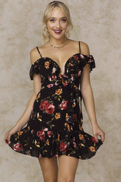 Cold Shoulder Deep V Floral Ruffle Black Mini Dress