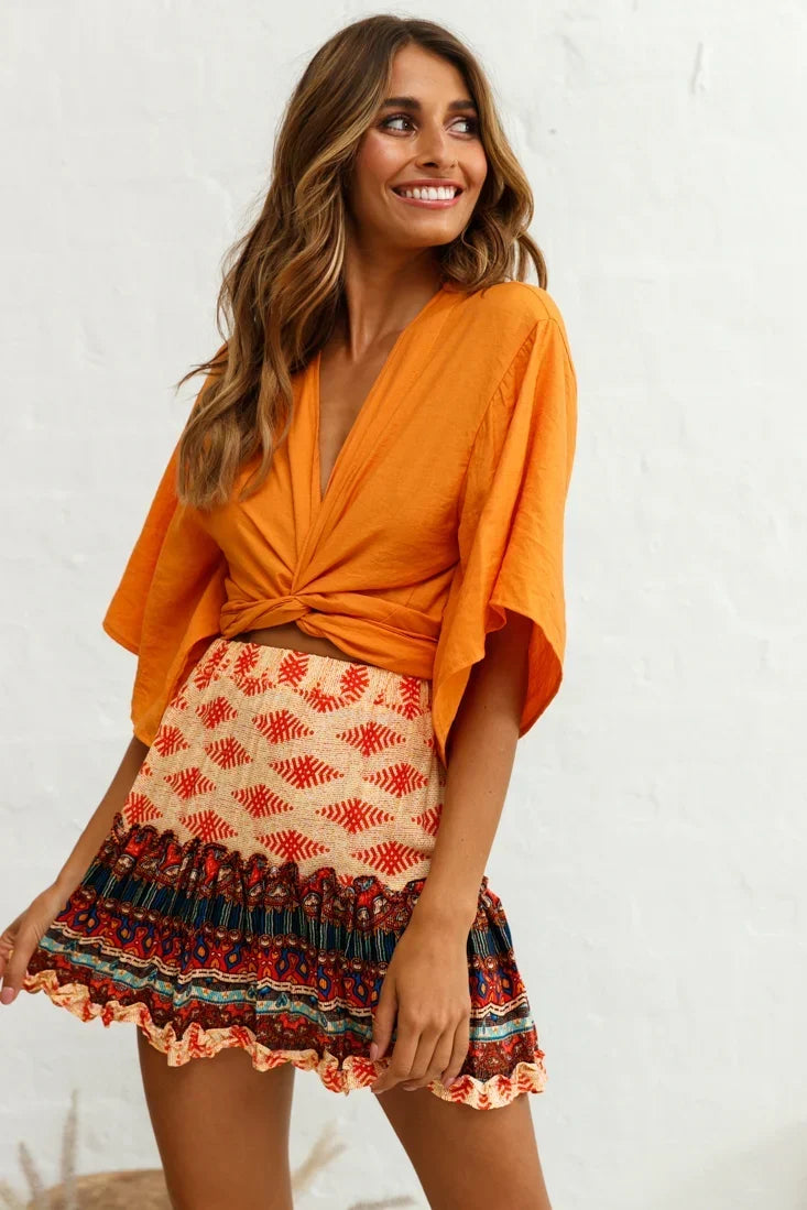Deep V Twist Front Kimono Sleeve Orange Top