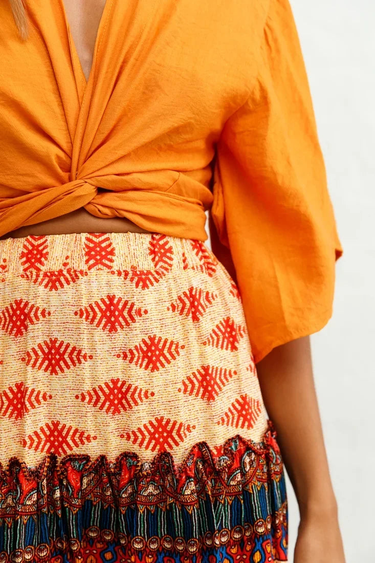 Deep V Twist Front Kimono Sleeve Orange Top