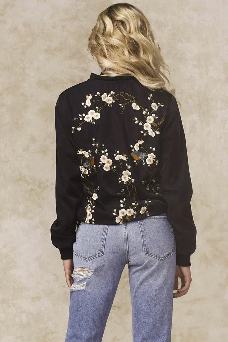 Long Sleeve Embroidered Zip Up Black Bomber Jacket