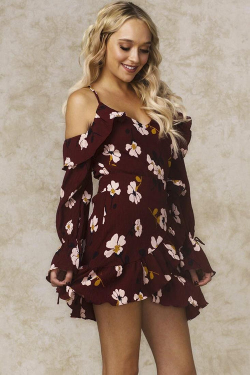 Cold Shoulder Floral Ruffle Wine Mini Dress