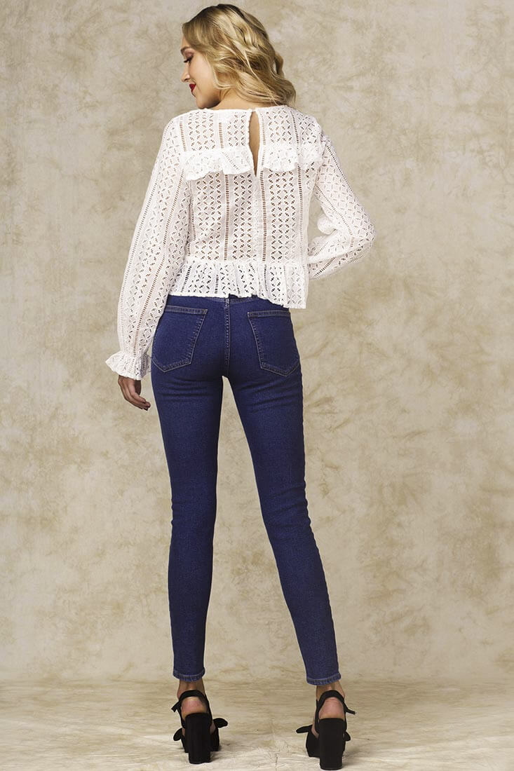 Long Sleeve Crochet Lace Ruffled Peplum White Top