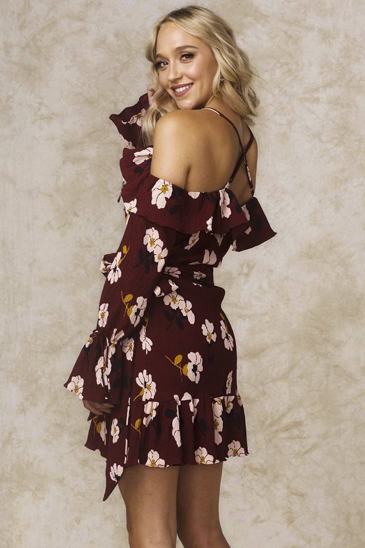 Cold Shoulder Floral Ruffle Wine Mini Dress