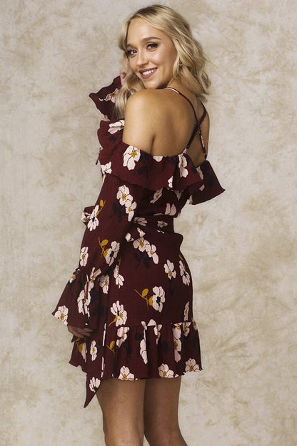 Cold Shoulder Floral Ruffle Wine Mini Dress