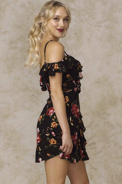 Cold Shoulder Deep V Floral Ruffle Black Mini Dress