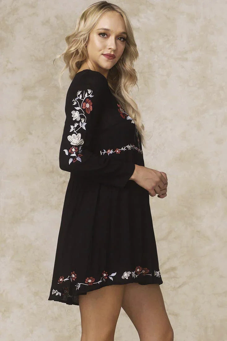 Long Sleeve Embroidered Floral Babydoll Black Mini Dress