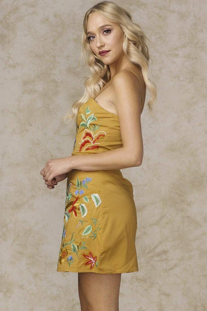 Spaghetti Strap Floral Embroidered Mustard Yellow Mini Dress