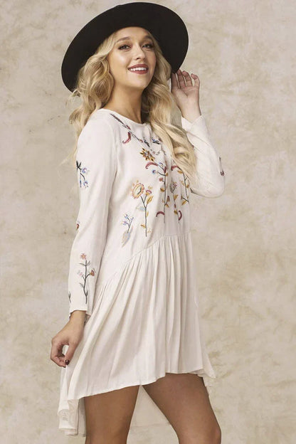Long Sleeve Embroidered Floral High Low Beige Boho Dress