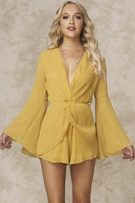 Deep V Bell Sleeve Twist Front Mustard Romper