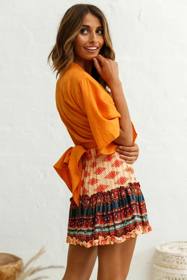 Deep V Twist Front Kimono Sleeve Orange Top